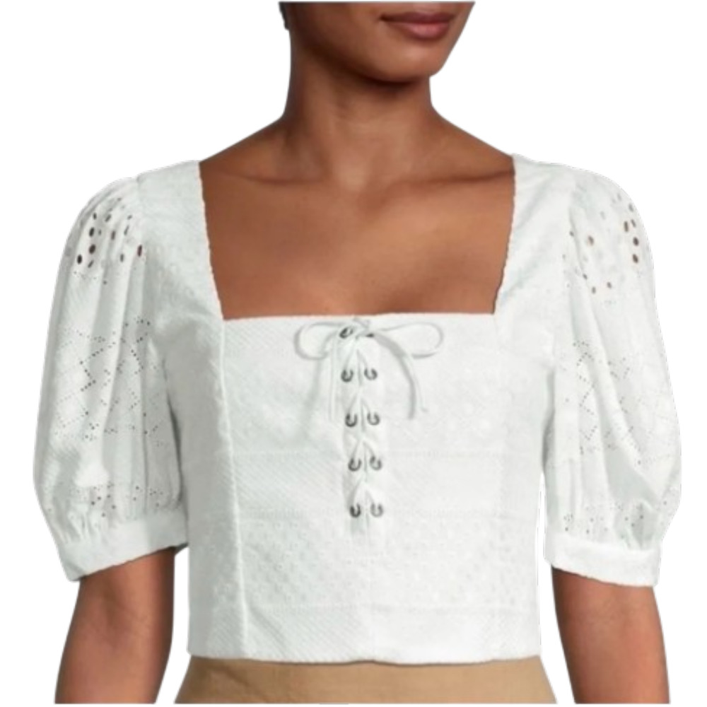Alice + Olivia White Eyelet Lace Crop Top Puff Sleeve Lace-Up Blouse M 6-10